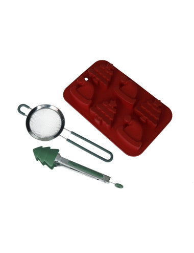 Brandani -STAMPO BISCOTTI NATALE ROSSO SILICONE C/PINZA SILICONE E SETACCIO INOX